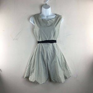 Parsons Women's White Black Striped Fit & Flare Dress Belted Round Neck Size 2